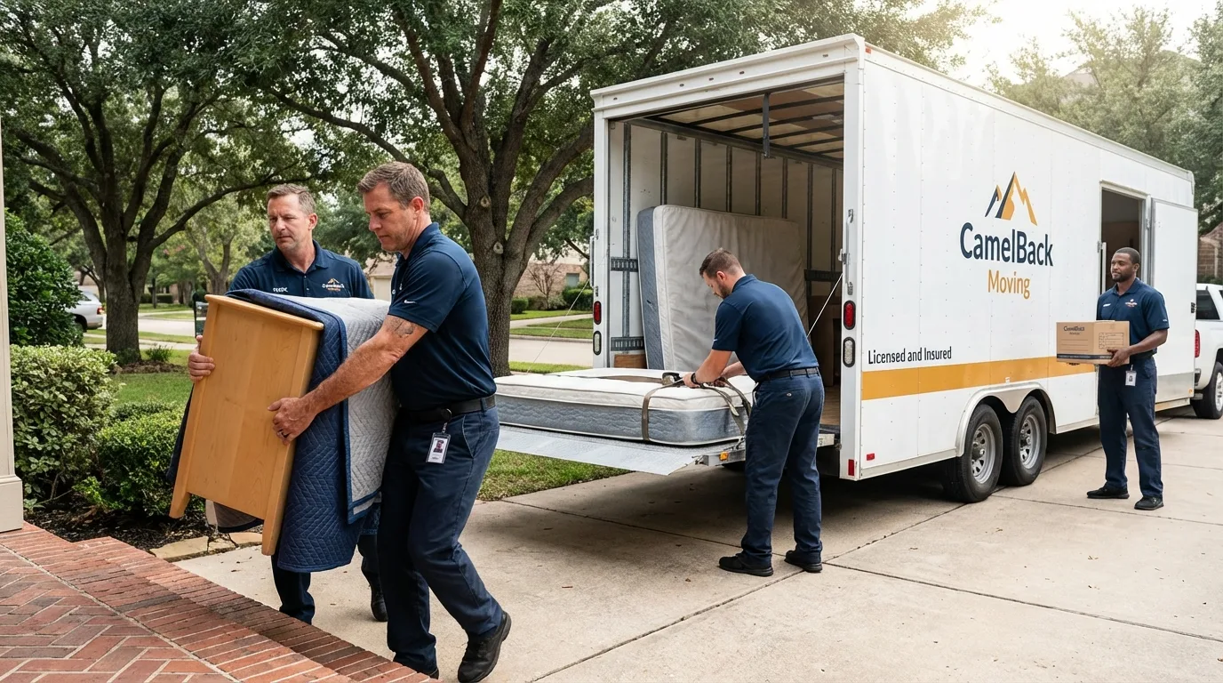 Crew loading residential truck for cross-state move from Bedford, OH