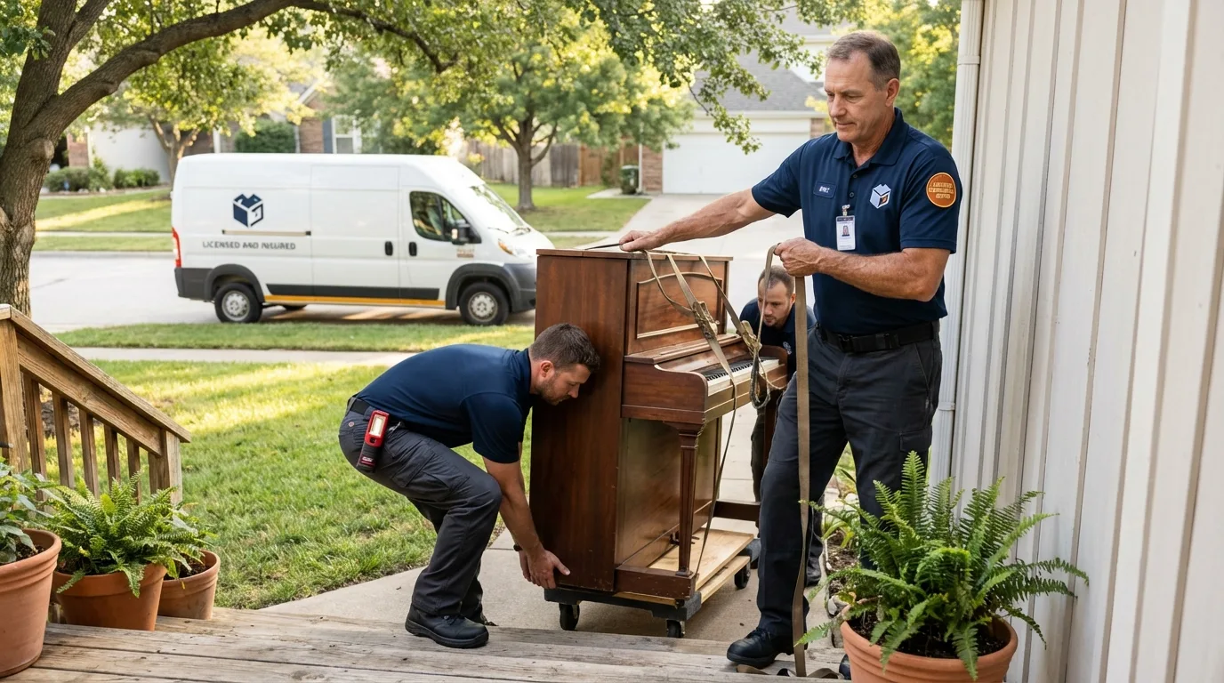 Licensed piano movers securing grand piano in Bedford, OH