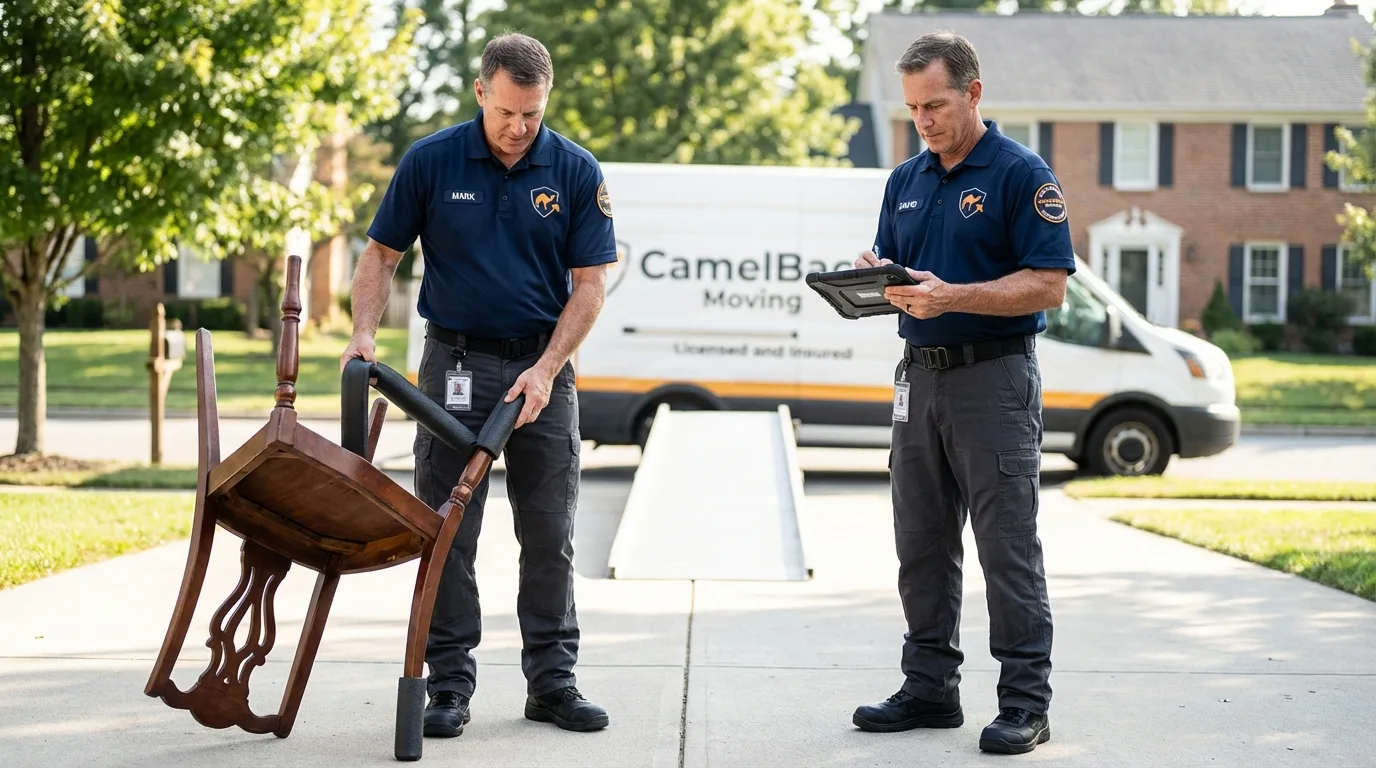 Movers inspecting furniture for damage prevention before loading in Bedford, OH