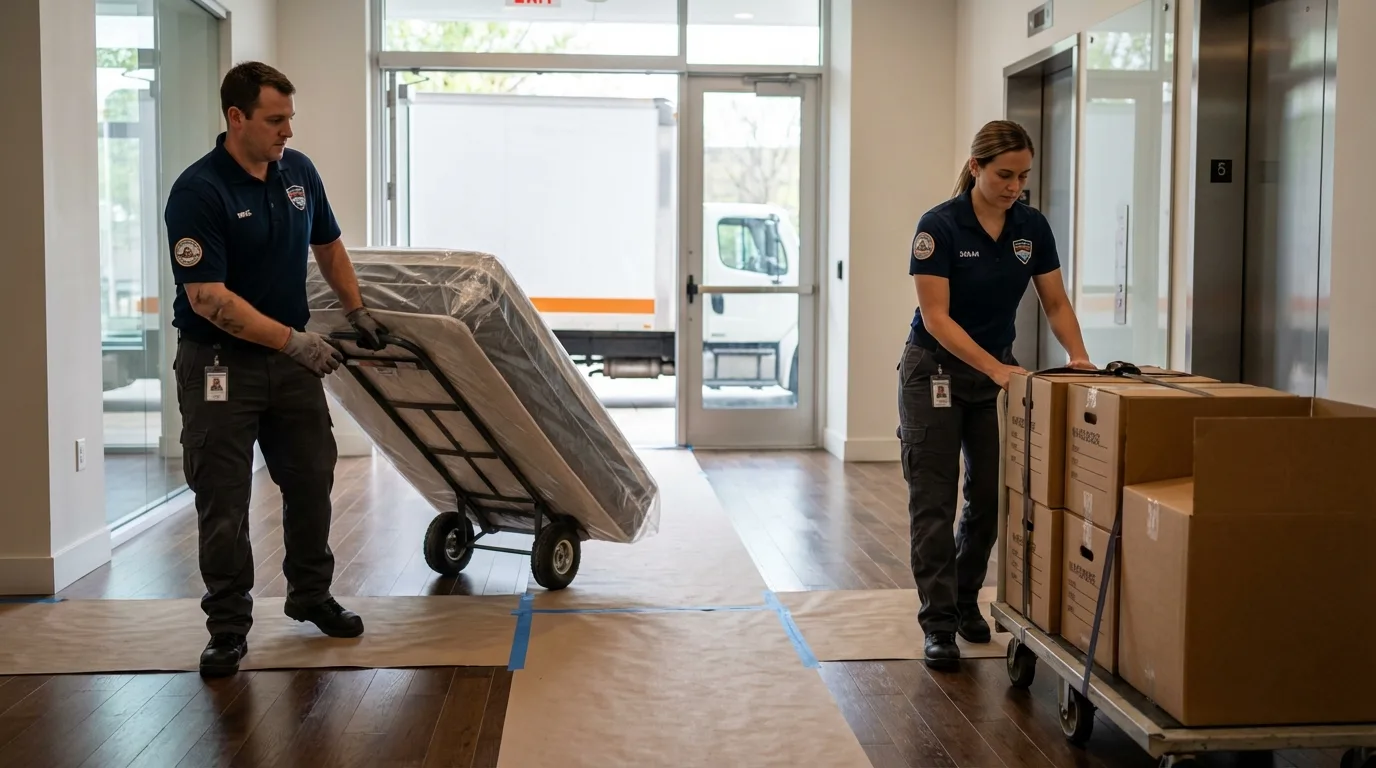 Professional apartment movers loading elevator in Bedford, OH